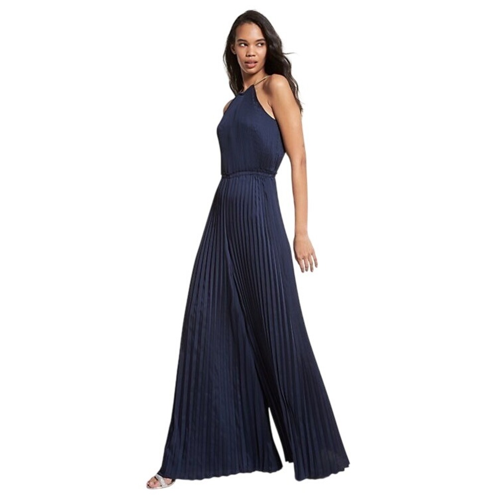 Michael Kors Midnight Blue Pleated Satin‎ Halter Jumpsuit L Formal Wedding